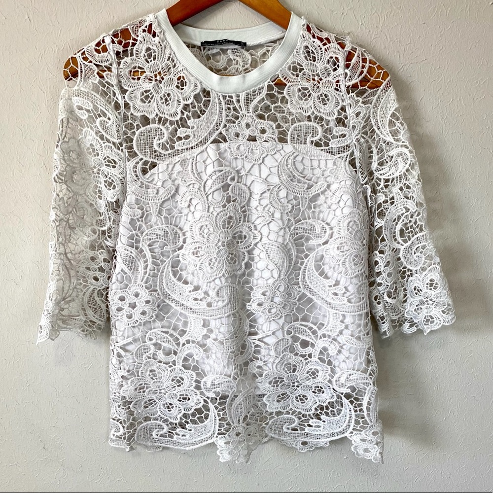 ZARA Crocheted Lace Short Sleeve Top in Ecru